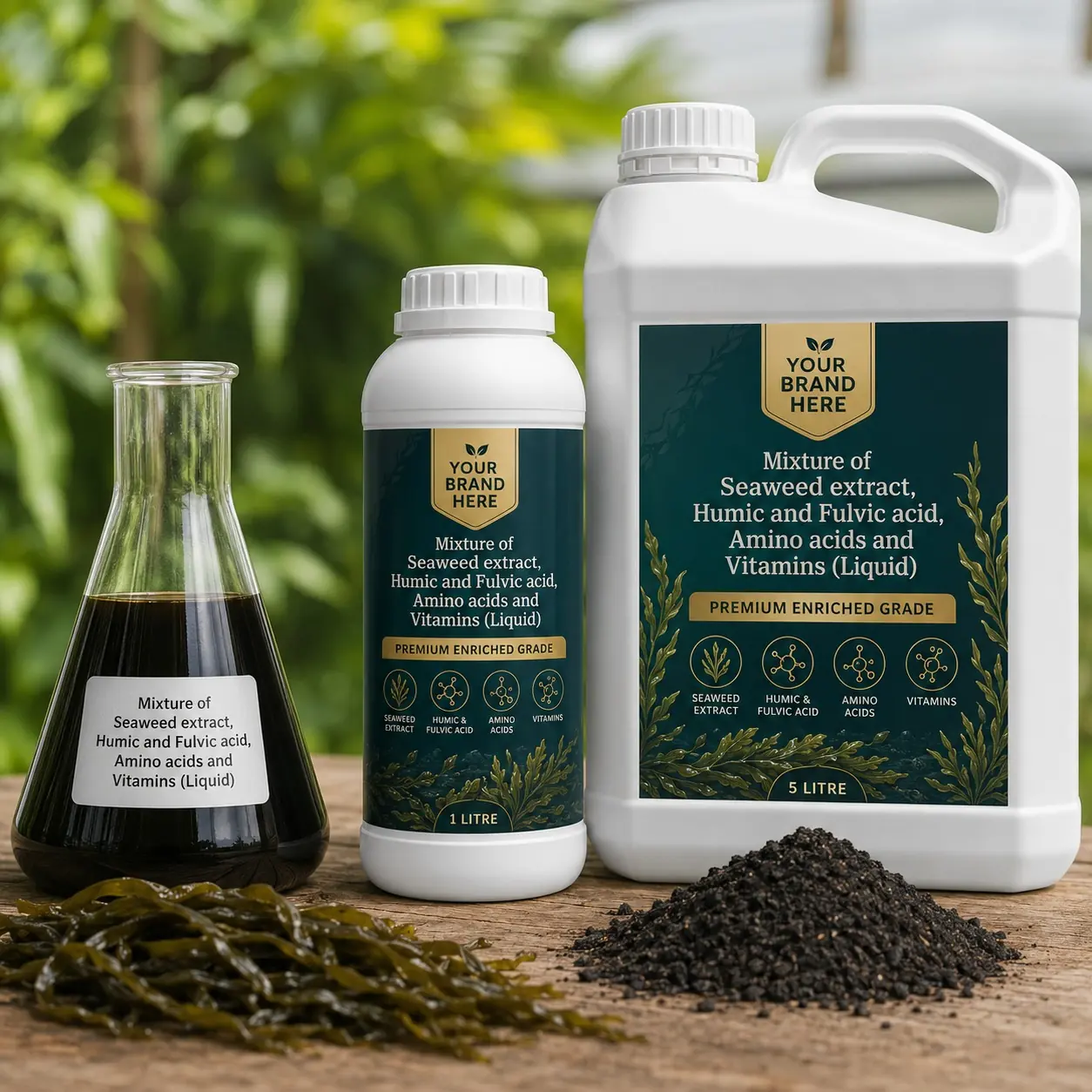 Seaweed and humic liquid products in 1 litre and 5 litre packs